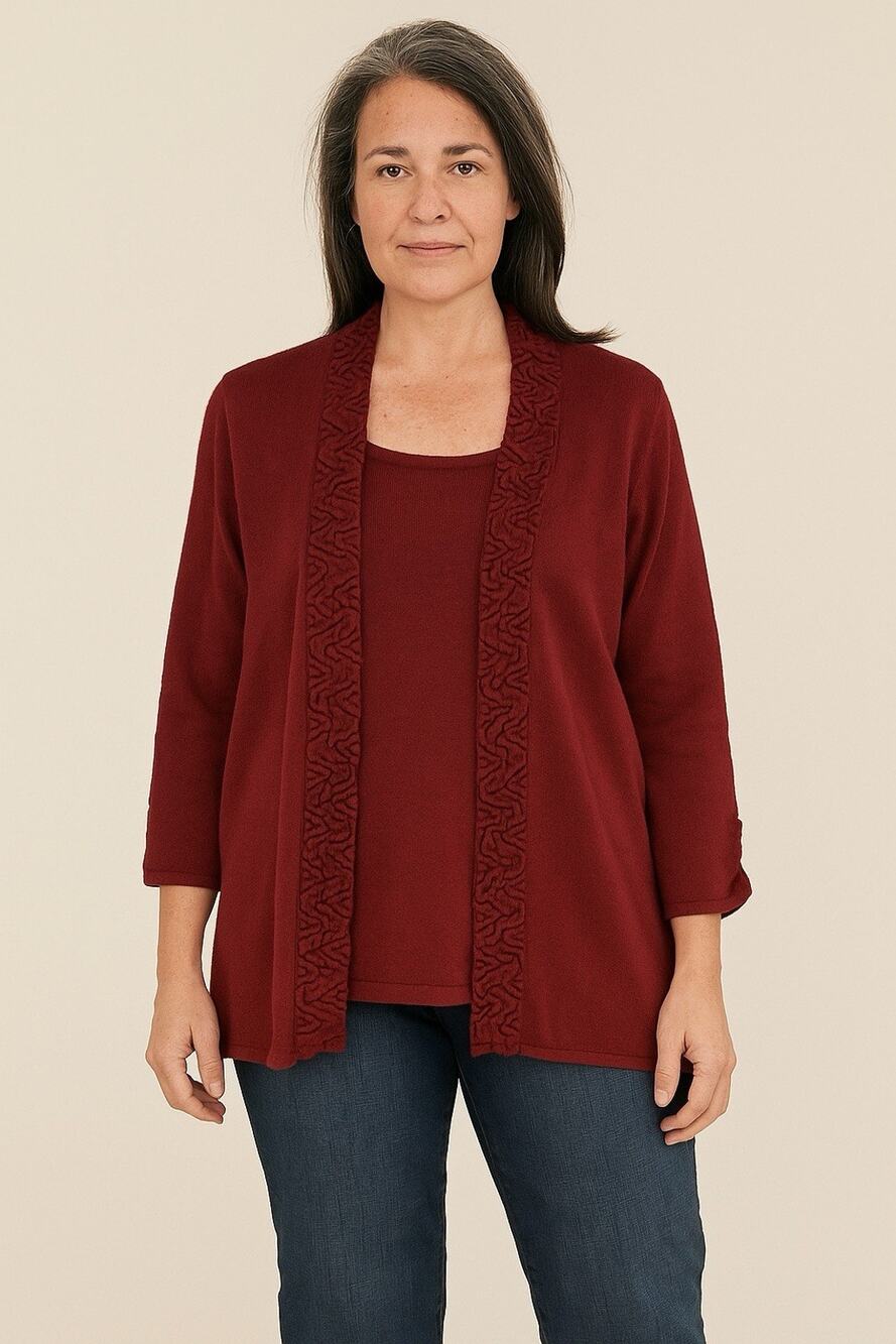 Womens Burgundy Sweater with Attached Cardigan scrunched ruffle trim Teacher XL